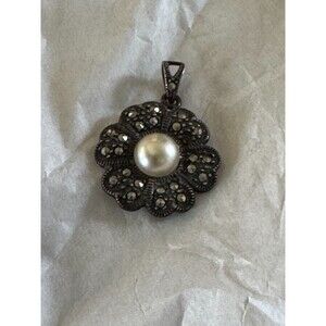 Vintage Sterling Silver 925 Marcasite Accents Pearl Flower Pendant Charm